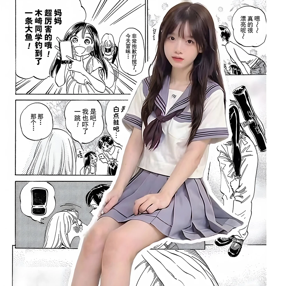 

Gray Purple Three-Lines Basic JK Japanese High School Student Uniform Girl Suit Pleated Skirt Cartoon Sailor Fuku Costumes Women