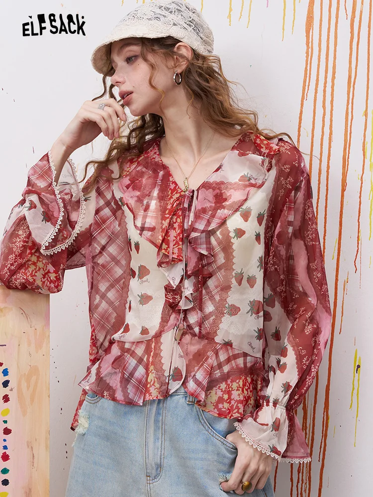 

Женский топ Elfs Pocket Fairy Summer Beauty с V-образным вырезом, принтованный, из шифона, с деревянными элементами и кружевом, повседневный, свободного кроя, с длинными рукавами, из полиэстера