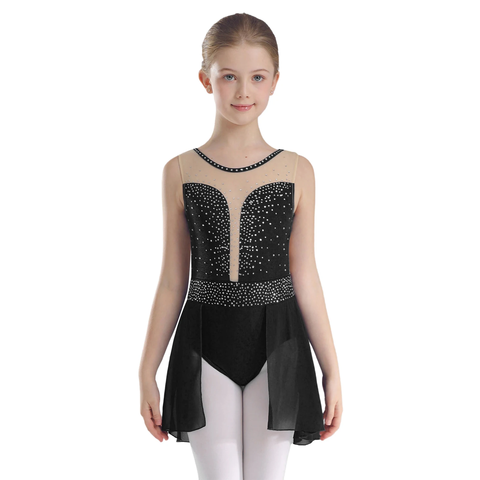 

Kids Girls Lyrical Dance Dress Sleeveless Sparkly Rhinestones Skirted Leotards Performance Competition Costume Ballet Dancewear