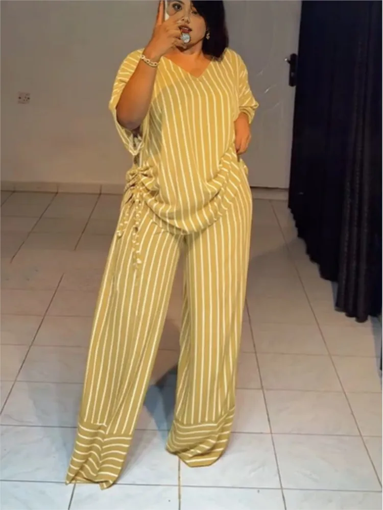 Women's Autumn Simple Color Blocked Striped Print Suit Fashion O- Neck Top+wide Leg Pants Two-piece Set Lady Loose Office Outfit