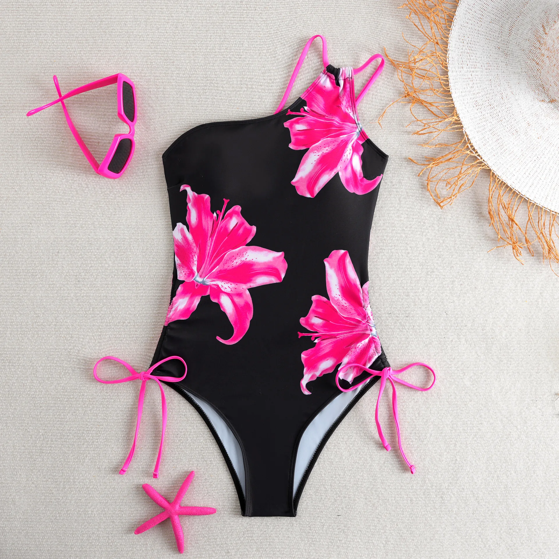 2025年 レディース ワンショルダー モノキニ ボディコン プリント水着 ドローストリング付き クロスボーダー ワンピース コルセット セクシー バンテージ水着