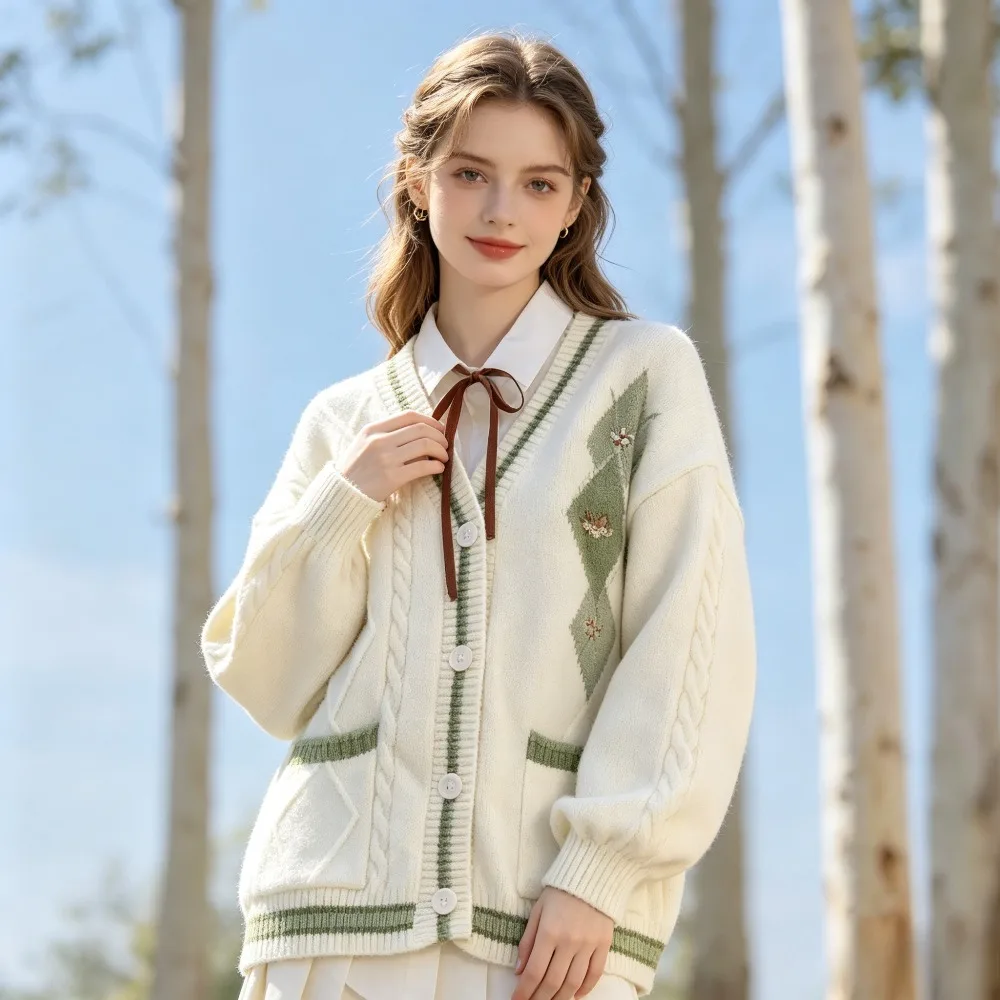 Autumn Winter Women Forest Style V Neck Cardigan Loose Collegiate Sweater Jacket School Uniform Matching Campus Outerwear