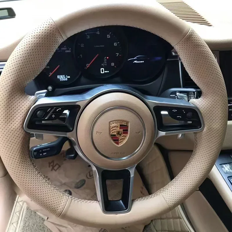 Beżowy antypoślizgowy pokrowiec na kierownicę z prawdziwej skóry 100% pasuje do Porsche Macan 2015-2021 Cayenne 718 911 Akcesoria samochodowe — zdjęcie 3