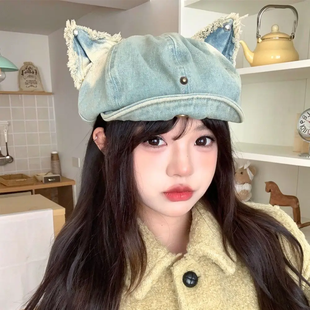 Fashion Japanese Style Cat Ear Newsboy Hat Washed Denim Octagonal Beret Cap Retro Spring Summer Casual Breathable Visor Caps