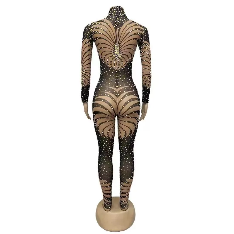 Women Sexy Sparkly Rhinestones Feather Print Jumpsuit Birthday Party Bodysuit Prom Dresses Pole Dancer Performance Costume