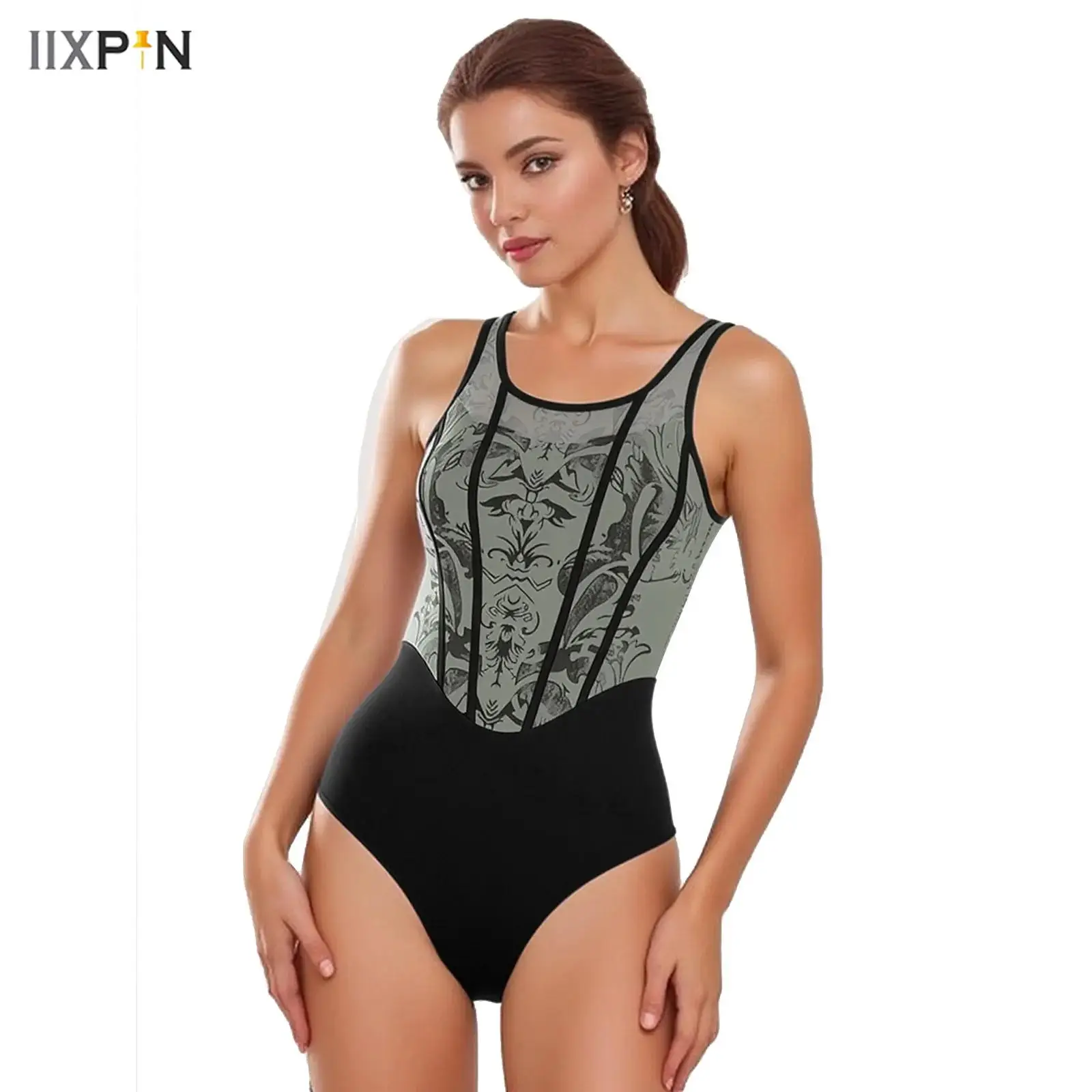 

Womens Ballet Dance Gymnastics Leotard Floral Mesh Layer Sleeveless Backless One-piece Jumpsuit Bodysuit for Yoga Dance Training