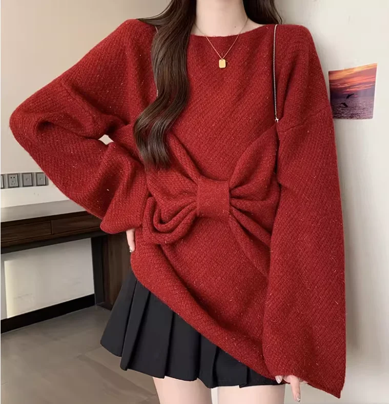 الخريف حجم كبير الأحمر فضفاضة طويلة الأكمام طاقم الرقبة سترة المرأة سميكة محبوك المتوسطة وطويلة الحلو القوس سترة قطعتين مجموعات