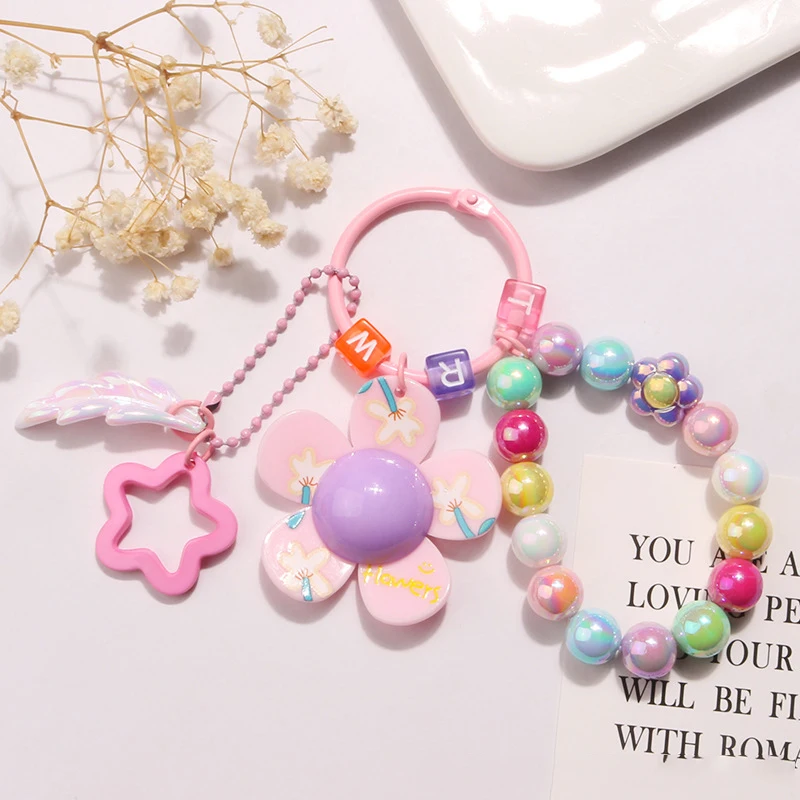 Sweet Acrylic Sunflower Keychains With Beaded Chain Candy Color Flowers Cute Keychain Bag Pendant Kawaii Korean Style Keyrings