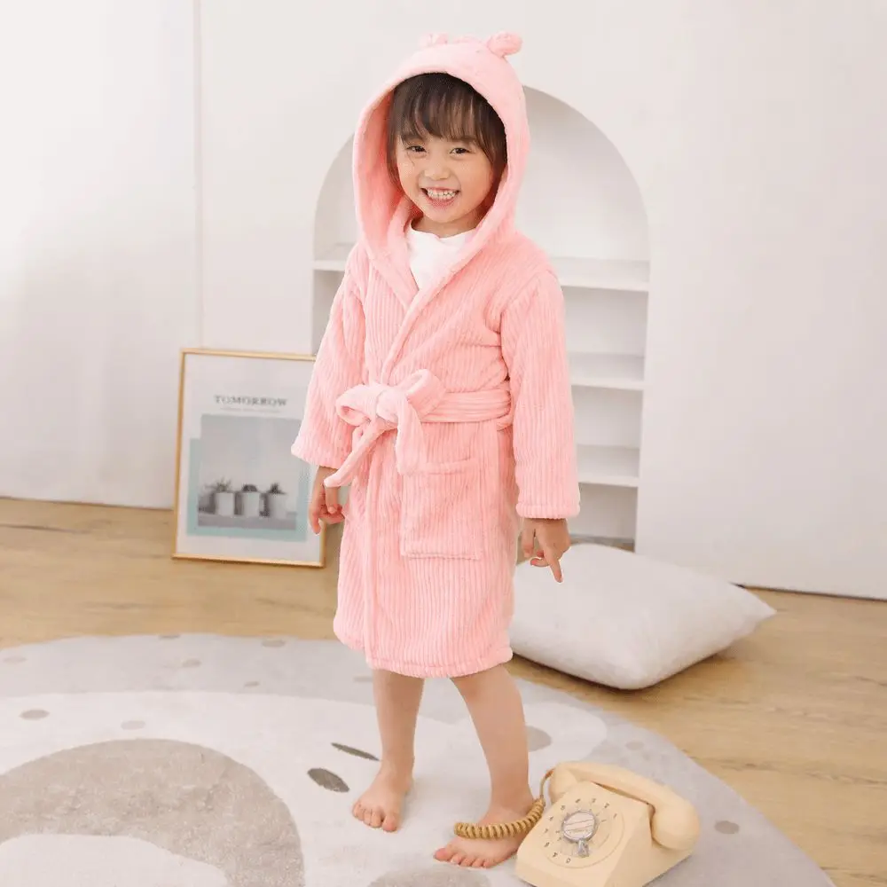 Solid Color Soft Flannel Bathrobe Thickened Water Absorption Robes Clothes with Hood Children's Nightgown for Boys