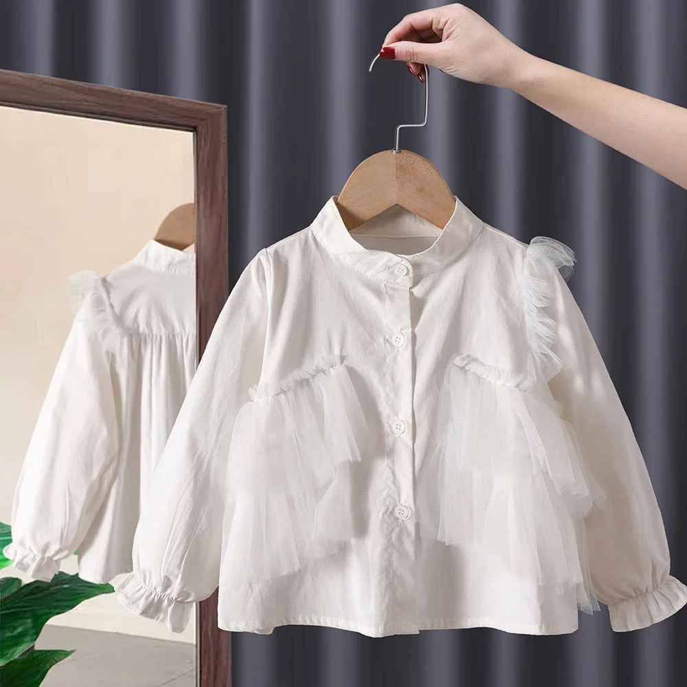 Blouses Girls Long Sleeved Shirt Autumn Girl Baby Princess Cotton New Childrens Clothing Round Collar Button Single Row