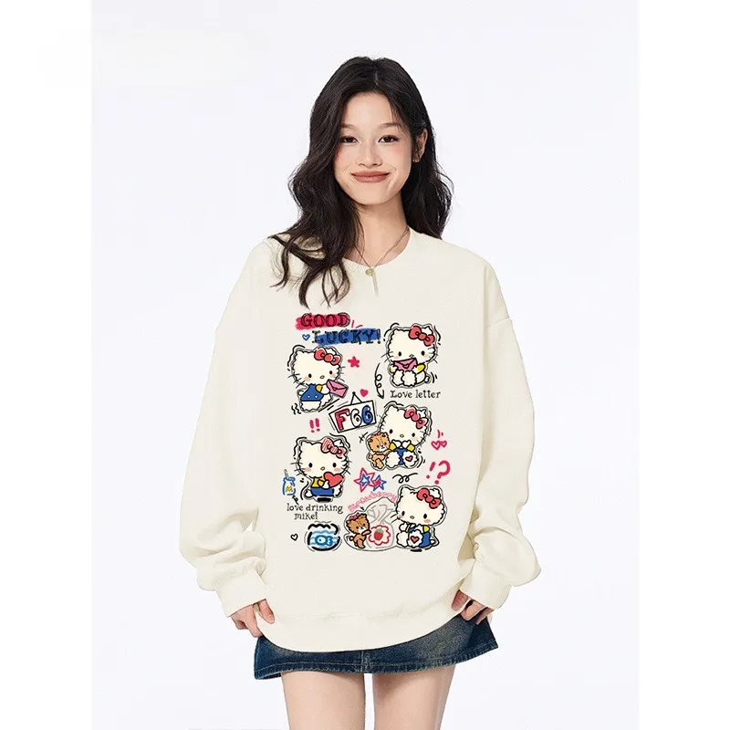 

New Cute Cartoon KT Cat 3D Printed Round Neck Hoodie Warm Single Side Velvet Top Trendy Couple Style