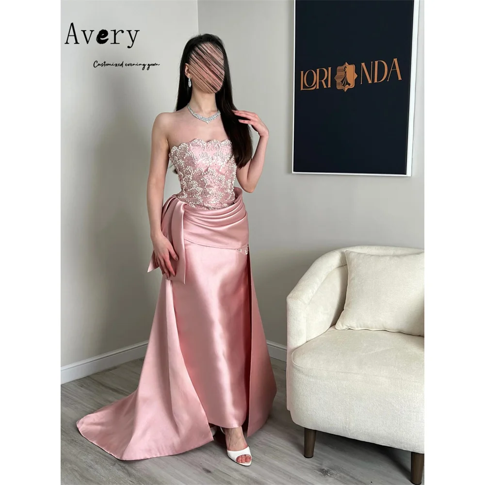 Avery Custom Pink Tube Top Fishtail Beaded Long Prom Dress 2026 Evening Dresses Woman Elegant Women's Dresses for Wedding Party