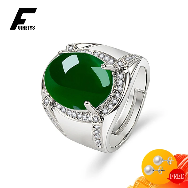 Classic Men Ring 925 Silver Jewelry Oval Shape Emerald Zircon Gemstone Open Finger Rings for Wedding Engagement Party Ornaments