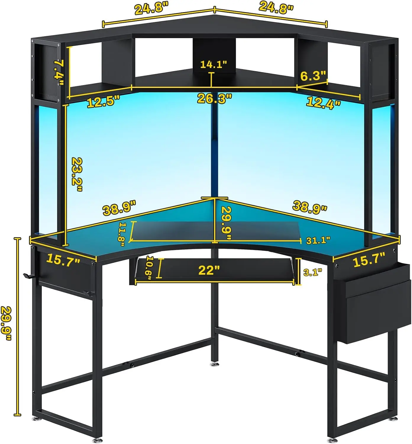 SEDETA Corner Desk, Small Computer Desk with Hutch & LED Lights, Triangle Corner Computer Desk with Keyboard Tray, Storage Bag,