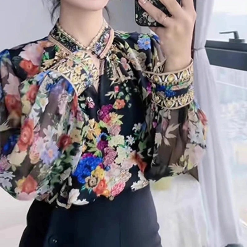 2024 Spring and Autumn Retro Ethnic Style Fashion Versatile Blouses Long Sleeve Printed Embroidery Splicing Women\'s Shirt Top