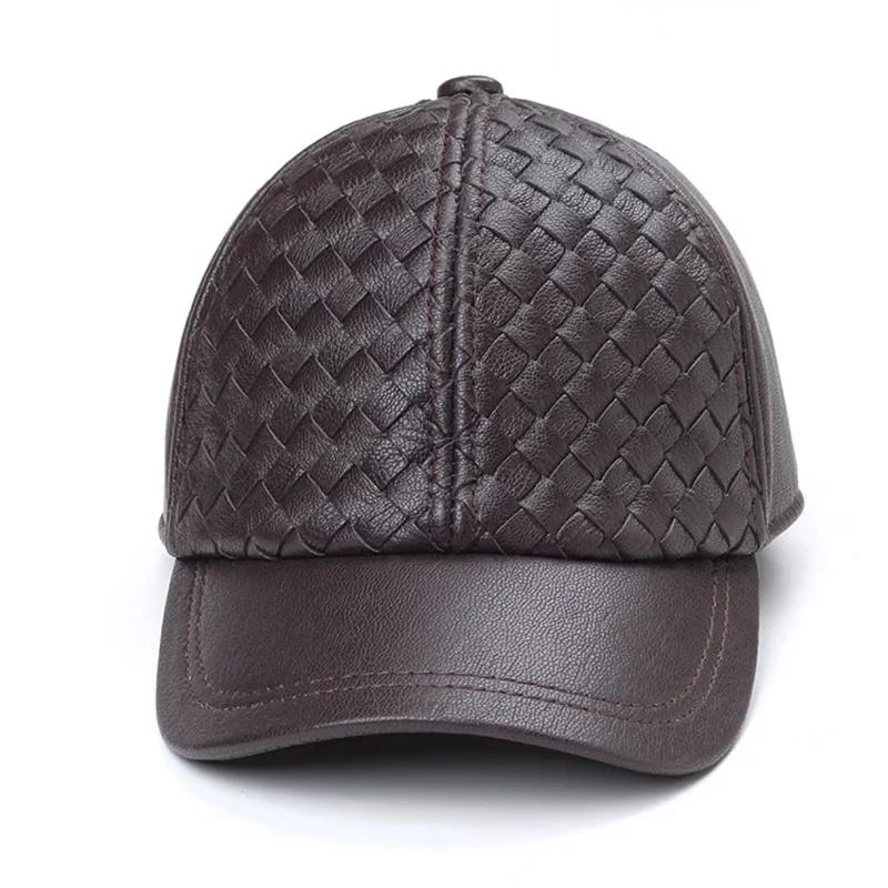 Winter 2024 Baseball Cap Weave Genuine Leather Men's  High First Quality Cowhide Dad Hat Adult Solid Adjustable