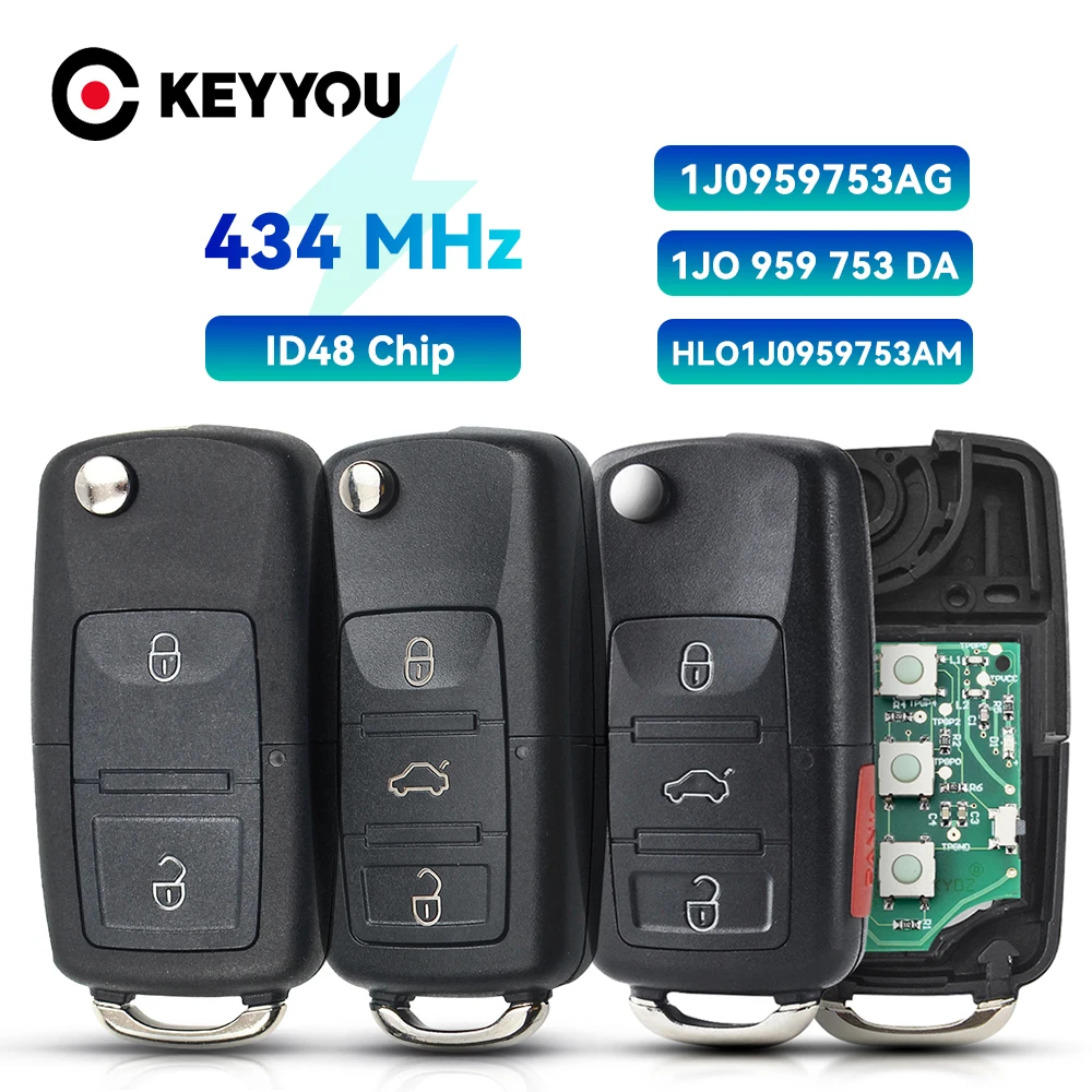 

KEYYOU 2/3/4BTN Flip Remote Car Key For VW Bora Golf Polo Passat Touran Seat Skoda 315Mhz/434MHz ID48 Chip 1J0959753 AG/DA/AH/G