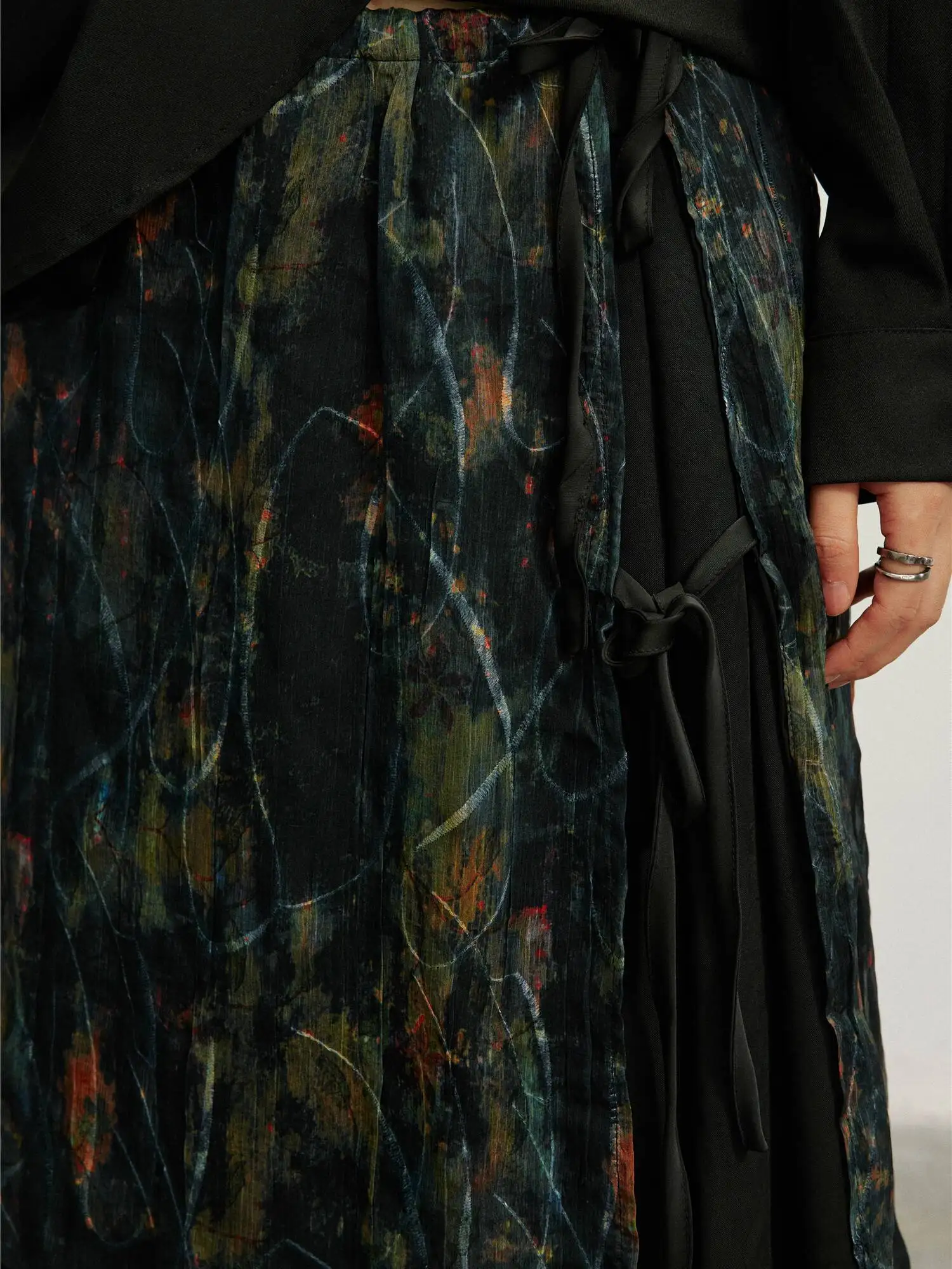 UMI MAO المتخصصة تصميم الفني طباعة طبقة مزدوجة ميدي تنورة تنوعا منتصف طول الطبقات تنورة المئزر فام