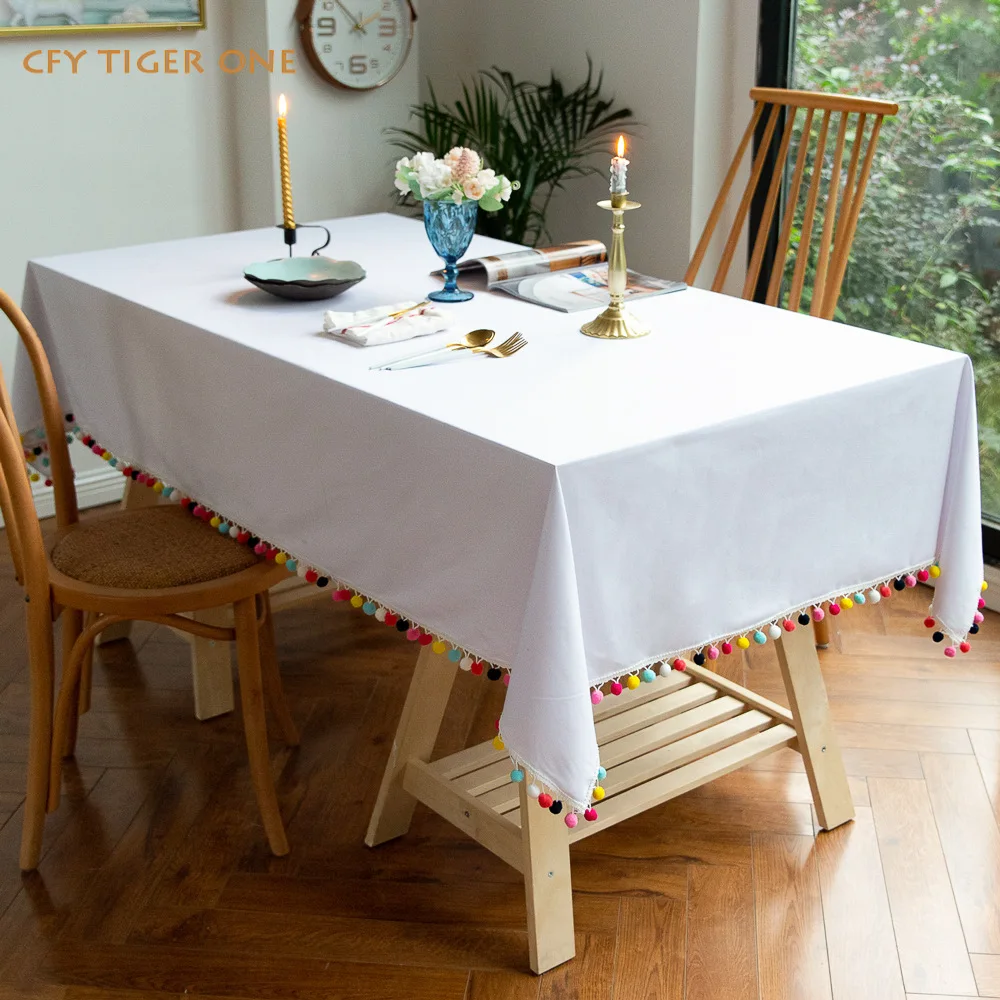 

American Solid Colored Ball Tassels Tablecloth Antifouling Rectangular Tablecloth Washable and Oil Resistant Coffee Table Cover
