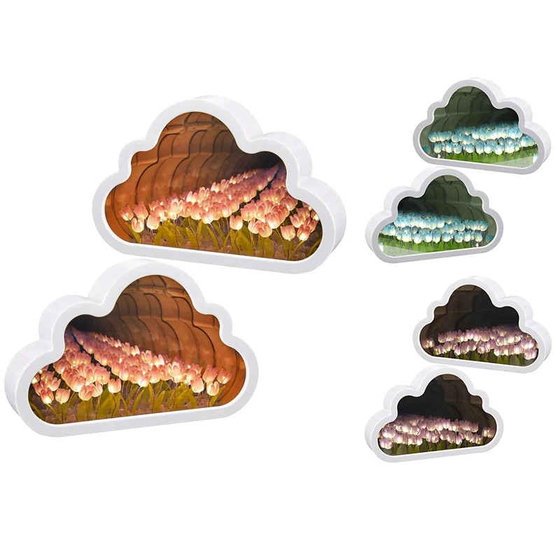 2Sets Cloud Mirror Tulip Lamp Handmade DIY Tulip Night Light Simulation Flower Lights Room Decorations