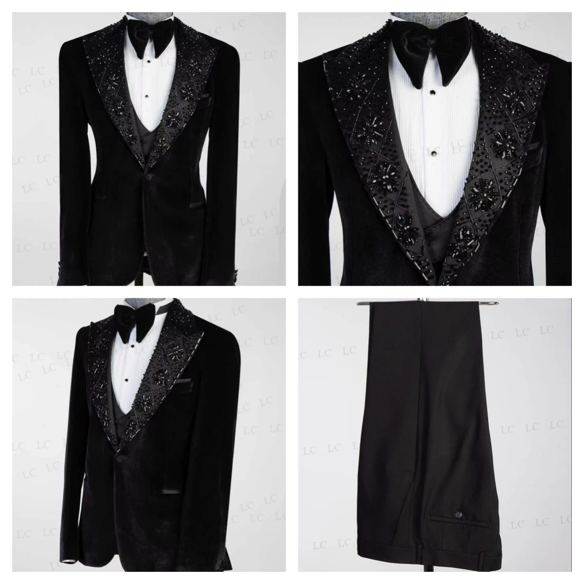 

Blazer Vest Pants Special 3 Pieces Men Suits One Button Peaked Lapel Beads Tuxedo Slim Wedding Groom Prom Plus Size Customed