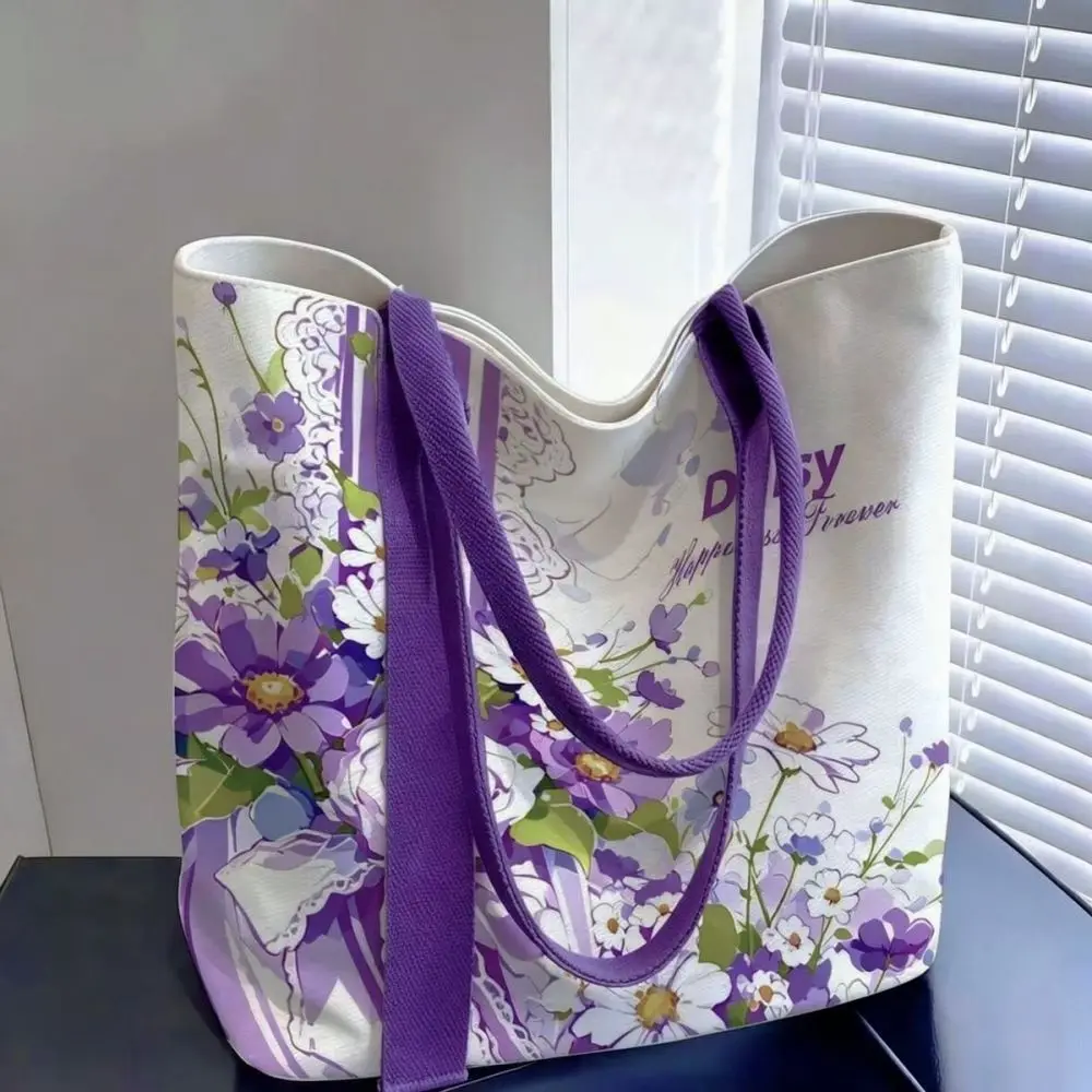 Women Fashion Canvas Tote Bag Purple Daisy Print Aesthetic Handbag Casual Shoulder Purse For Daily Shopping Commute School