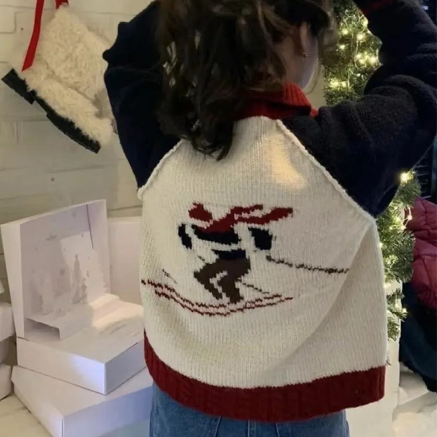 

Women Spliced Cardigan Sweaters Knitted Jumpers Patchwork Stand Collar Long Sleeves Zipper Loose Y2k Casual Autumn Winter 2025