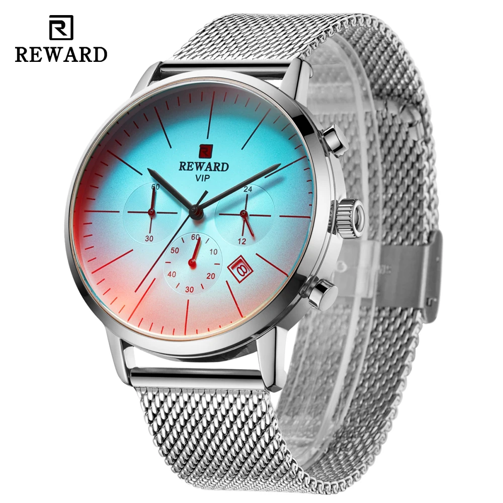 

Награда 82004 Мужские часы Лучший бренд Спортивные часы Роскошные мужские кварцевые часы с сеткой из нержавеющей стали Дизайнерские часы с хронографом для мужчин