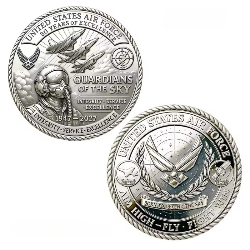 US Air Force 80th Anniversary 2D UV Challenge Coin Guardians of The Sky Fighter Jet Silvery Plated Commemorative Token