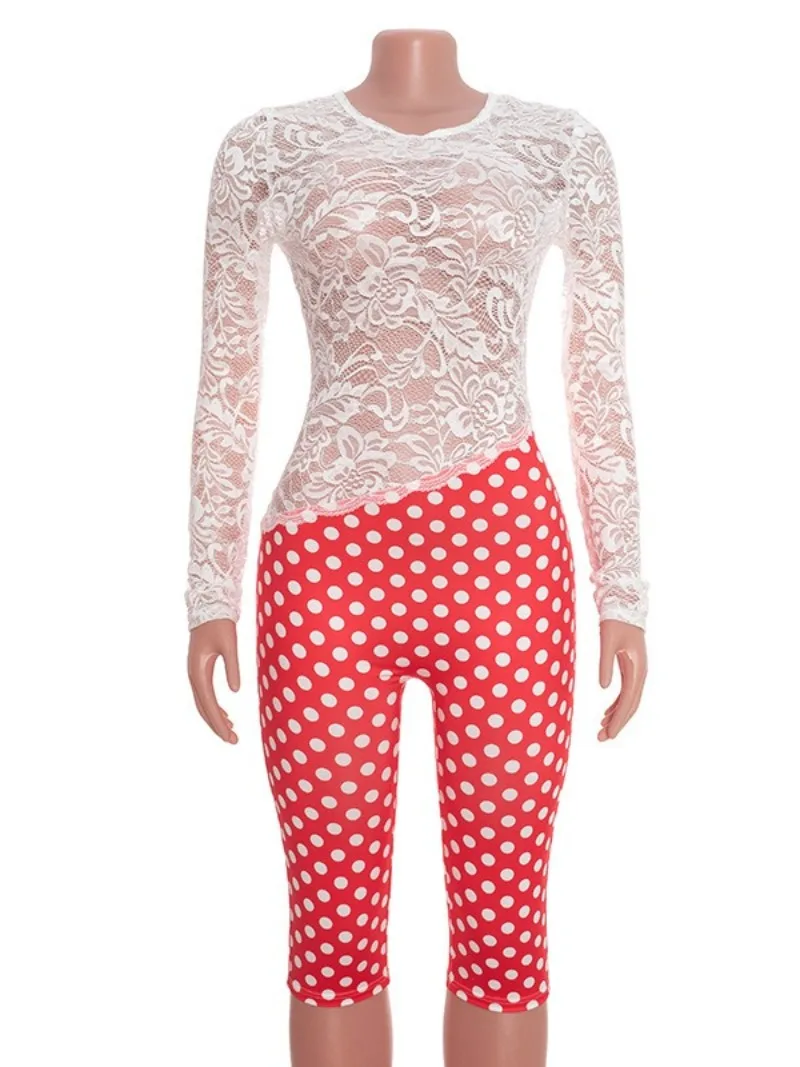 Body damskie z koronką, w kropki, patchworkowe, seksowne, z długim rękawem, bez pleców, na imprezę, do klubu, prześwitujące kombinezony jednoczęściowe.
