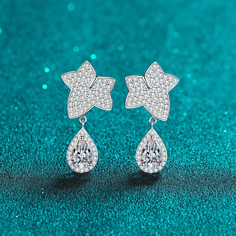 

JIAOZHAN S925 Sterling Silver Earrings Maple Leaf Drops Shaped Moissanite Earrings Pt950 Gold-Plated Girls Light Luxury Earrings