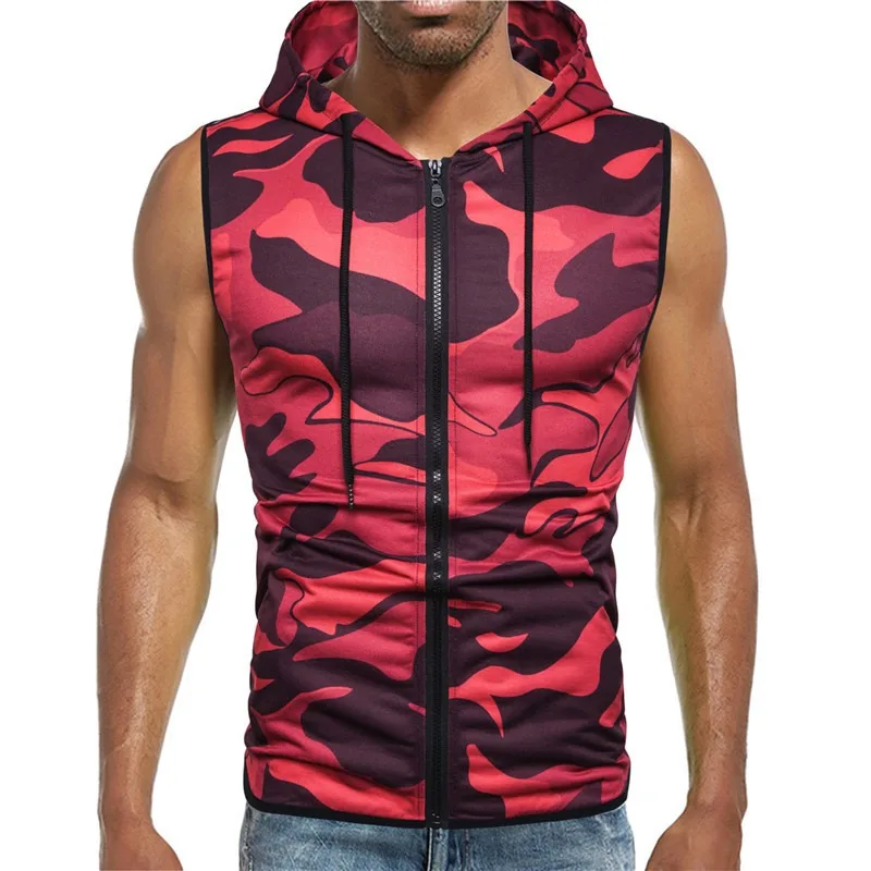 

Foreign trade men's red camouflage zipper hooded sleeveless camouflage printed fitness sports vest vest MJ02