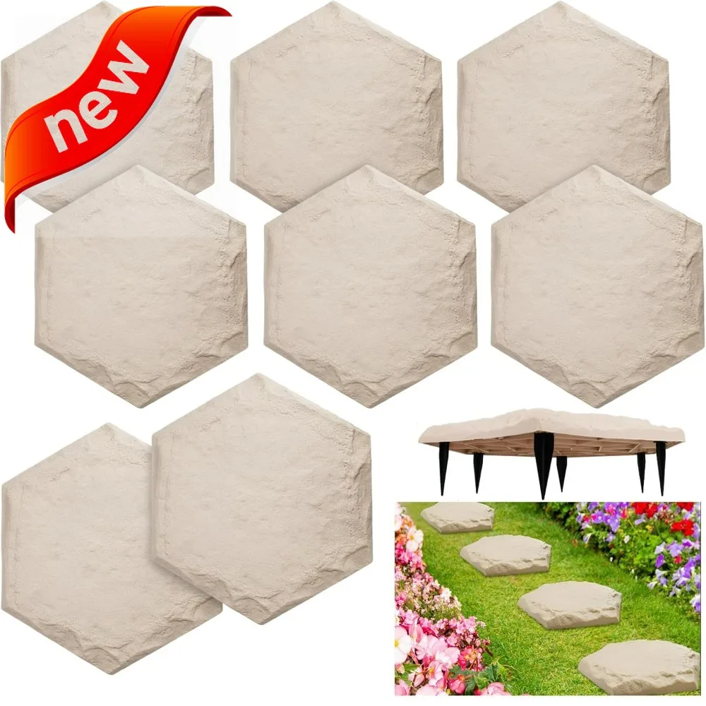

Garden Pathway Stepping Stones with Ground Stakes, 8-Piece Outdoor Rubber Paving Stones for Pathways and Decoration