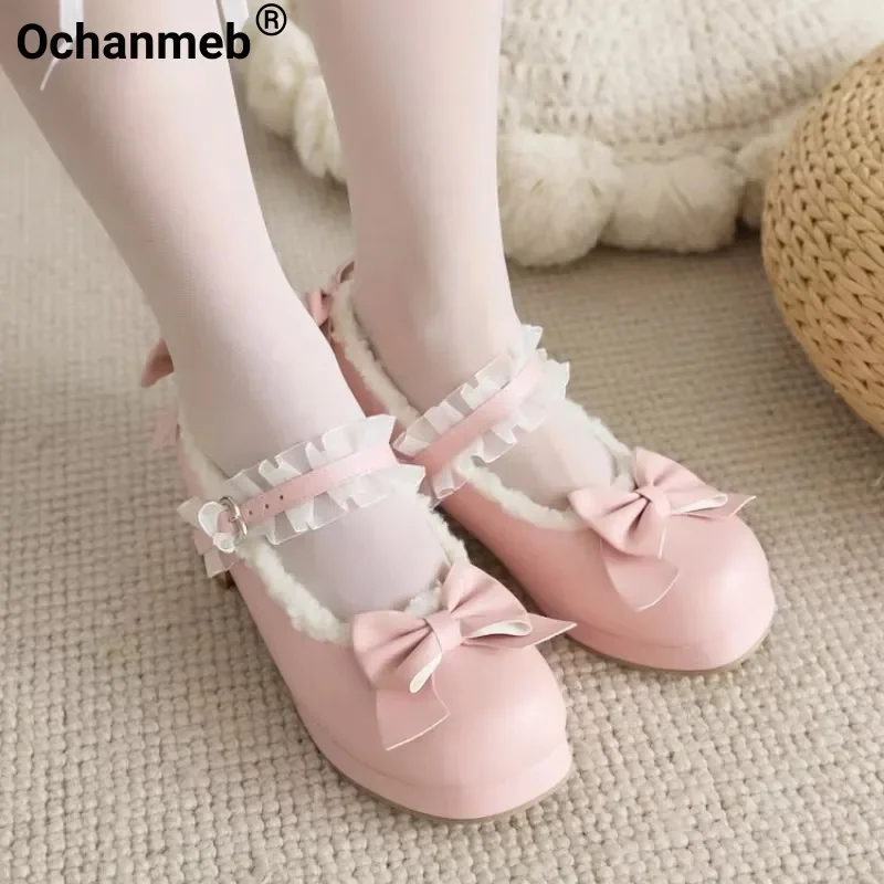 Ochanmeb Women's Snow White Mary Janes Pink Bow Tie Block Medium Heels Pumps Black Short Plush Ruffles Lolita Cosplay Lady Shoes