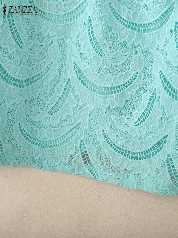 ZANZEA Elegant Chic Openwork Lace Patchwork Blouse Women Stand Collar Short Puff Sleeve Solid Color Tops Woman Clothing 3 Colors