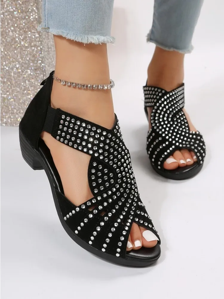 2026 Neue Modische Bequeme Tanzsandalen für Damen mit Strass-Reißverschluss und Kristallen, Indoor-Schuhe mit Offener Spitze – Detail 7