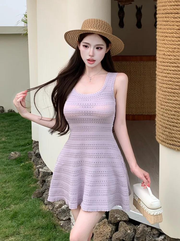 

Korean Style Purple Taro U-Neck Knitted Short Skirt Dress Women Summer Slim Fit Sleeveless A-Line Dress Casual Chic