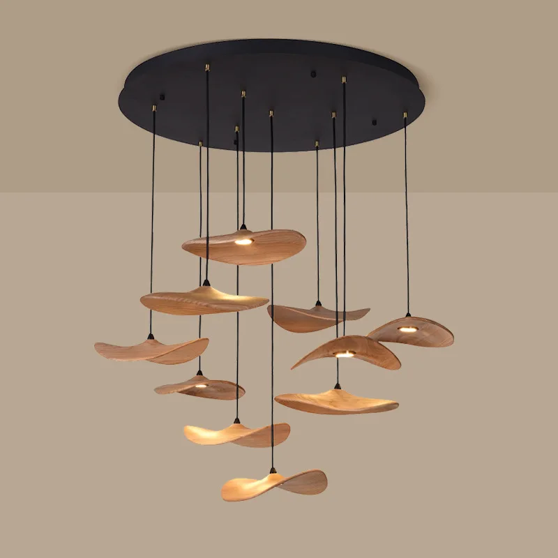 

Ваби-Саби Люстра с листьями лотоса Дизайнерский деревянный подвесной светильник для виллы Комбинированный декор с несколькими головками Большая подвесная лампа для лестницы