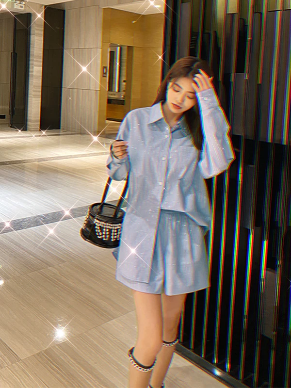 Fashion Design Hot Drilling Striped Suit 2023 Spring Autumn New Casual Loose Long Sleeve Shirts Wide Leg Shorts Temperament 2pcs