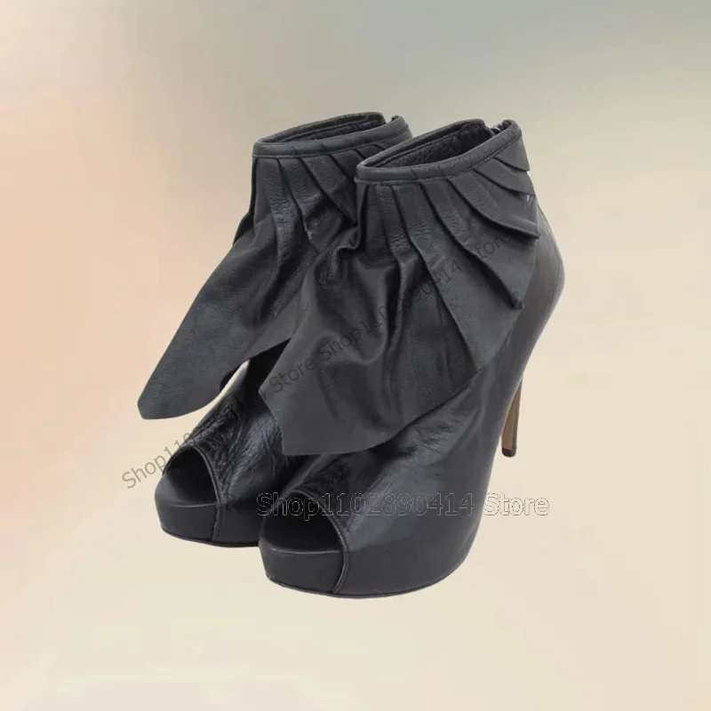 

Black Pleated Ruffles Design Peep Toe Ankle Boots Back Zipper Women Shoes Thin High Heels Fashion Party 2025 Zapatos Para Mujere