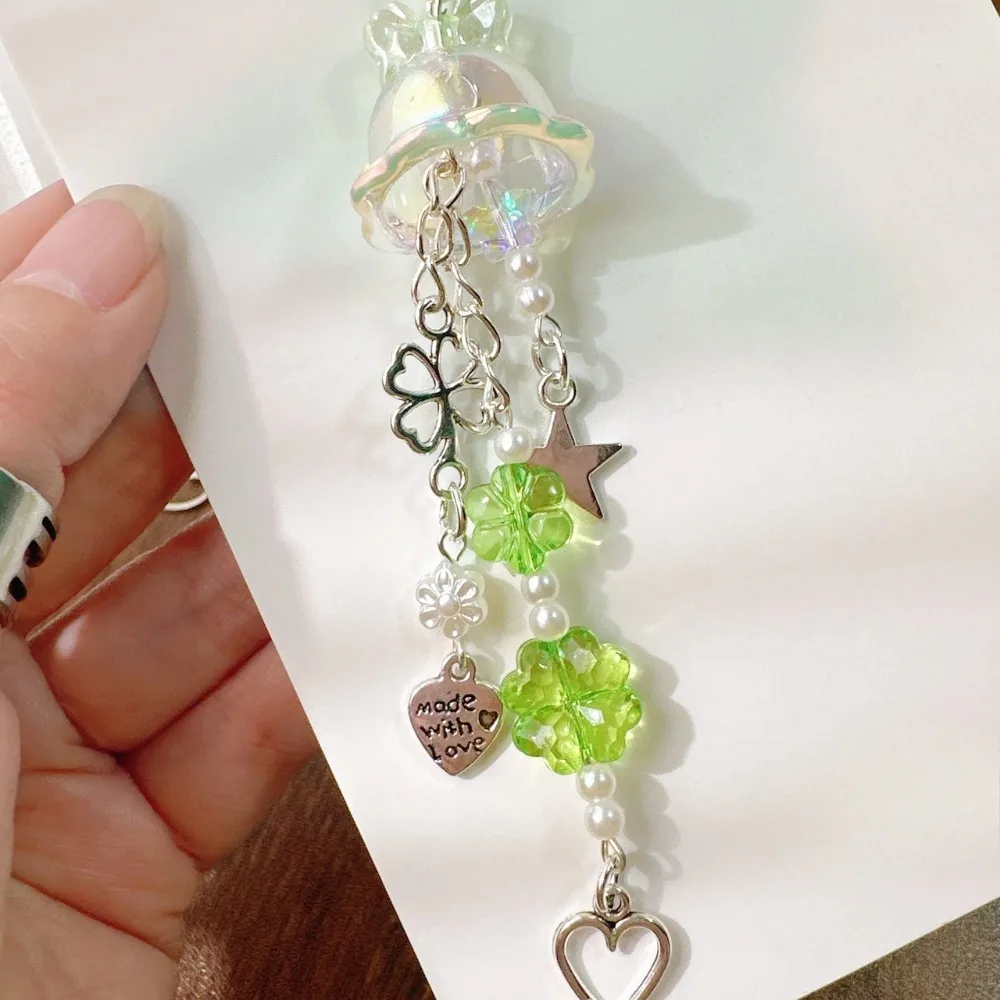 Y2K Purple Clover Jellyfish Key Chain Wind Chimes Star Heart Beaded Keyring for Phone Camera Earphone Case Charm Pendant Keycord