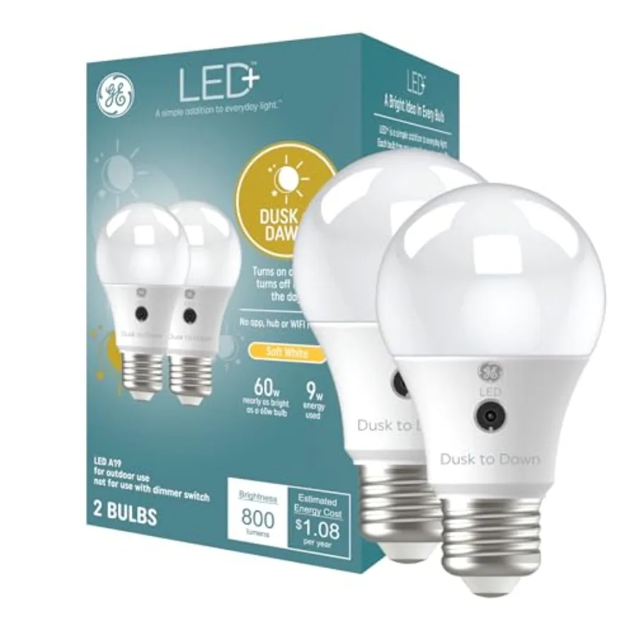 LED+ A19 Dusk to Dawn LED Light Bulbs, Automatic On/Off Outdoor Security Light, 2 Pack