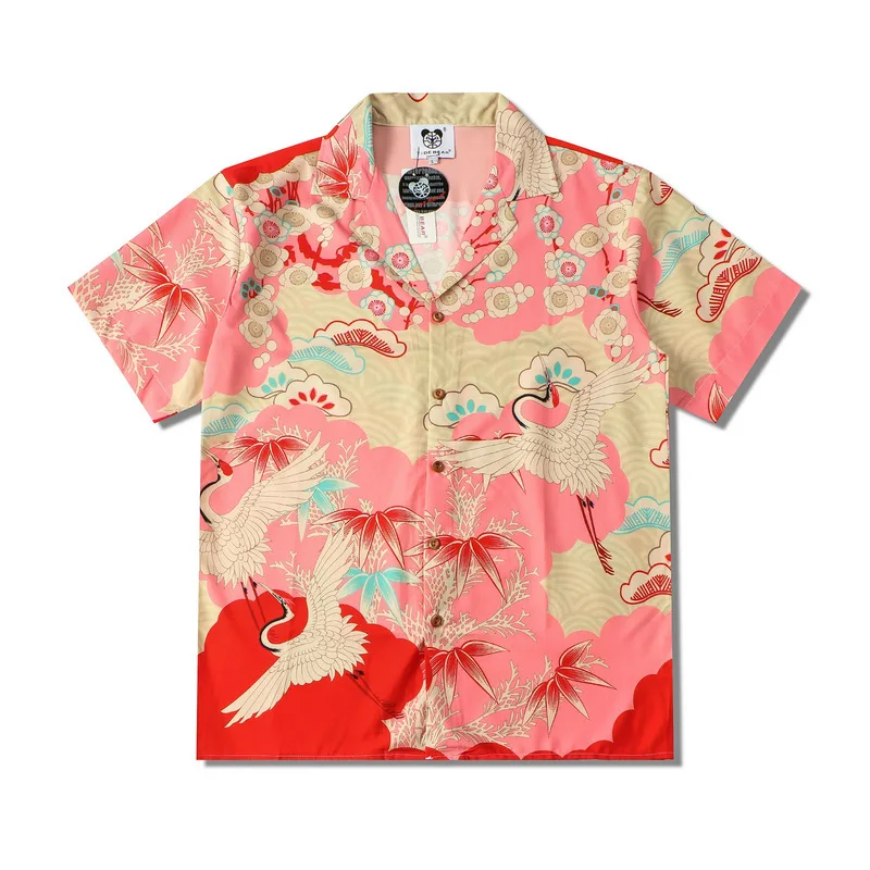 Men's Loose Digital Print Shirts Summer Fashion Breathable Crane Short Sleeve Lapel Shirt Holiday Beach Tops