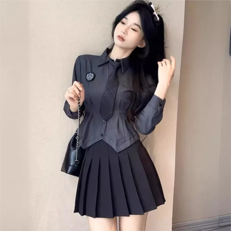 Jk Taille Shirt Dames Lange Mouwen Geplooide Rok Set Schooluniform Set Japanse College Stijl Slim Fit Outfits Cos Kostuum