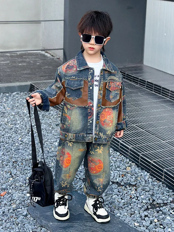 

Boys' Casual Sportswear Set Autumn Long Sve Denim Jaet And Pants Cool Sli Clothes for Teenage Boys Two-Piece Set
