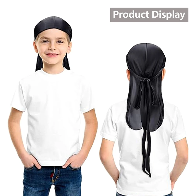 Silky Durag For Kids Boys Adult Long Tailed Pirate Hat Hip-Hop Bandanas Doo Rag Turban Waves Cap Headwear Pre-Tied Headwrap