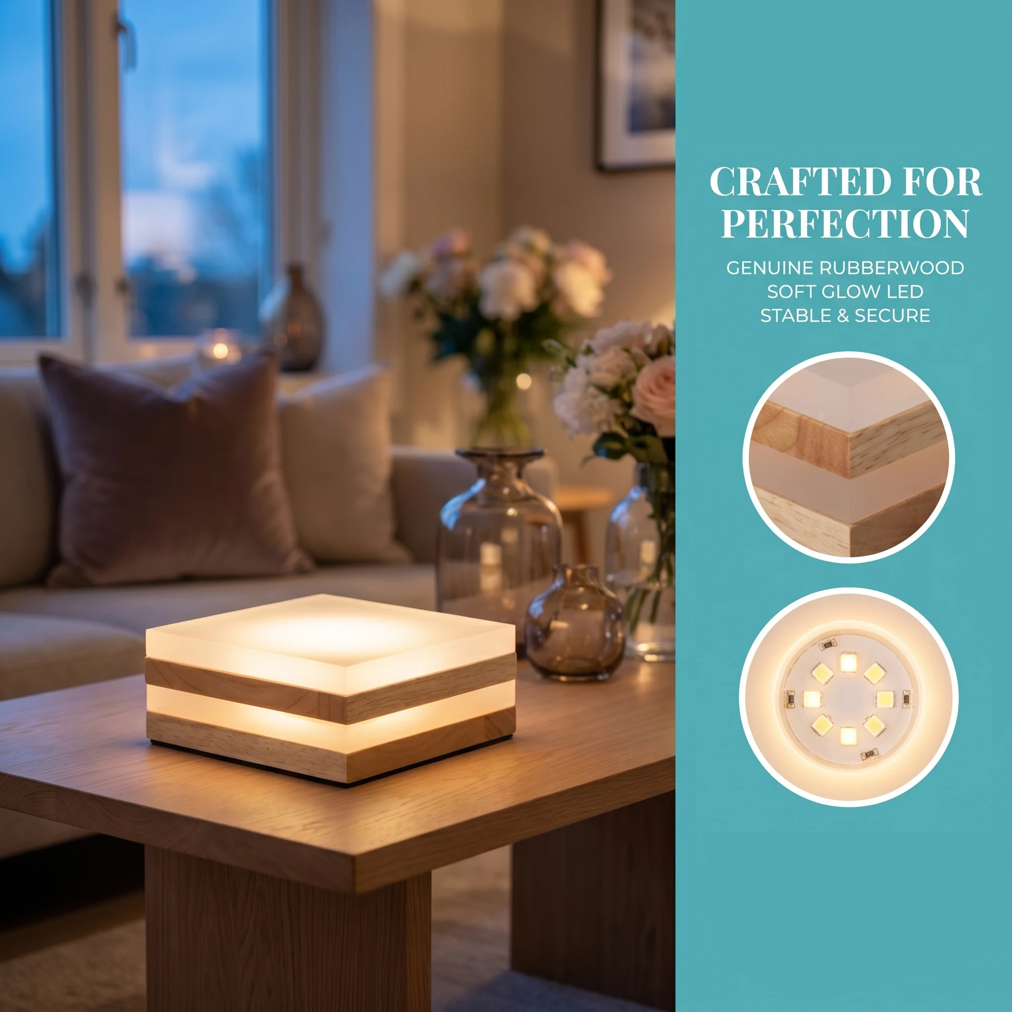 Square Wooden Art Table Lamp, Brightness Adjustable Desk Light, Dimmable Bedside Night Lighting, Potted Decoration Nightlight