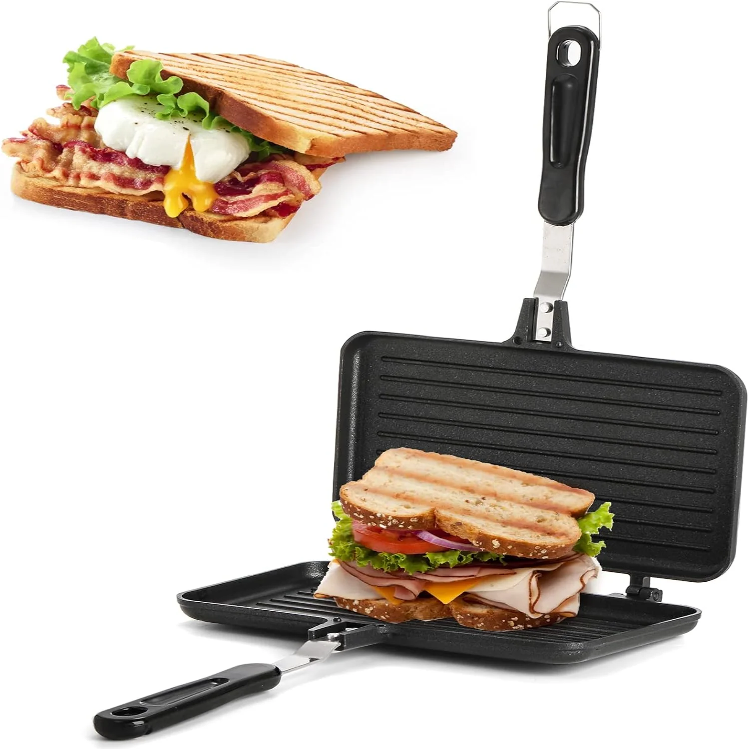 Sandwich Maker, Non-stick Grill Panini Maker Pan with Handle, Stovetop Toasted Aluminum Flip Pan Indoor Outdoor  Kitchen Breakfa