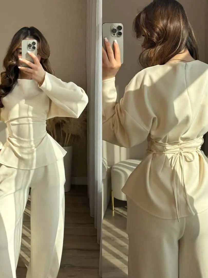 

Fashionable Casual Long Sleeve round Neck Slim Fit Women's Set with Wide Leg Pants High Waist Long Pants Spring Season Style