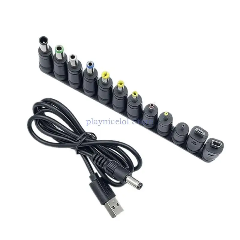 Universal Power Cable USB to DC5.5x2.1mm Power Cord Line Support 5V Charging with Multiple Connector Tips for Fan Phones